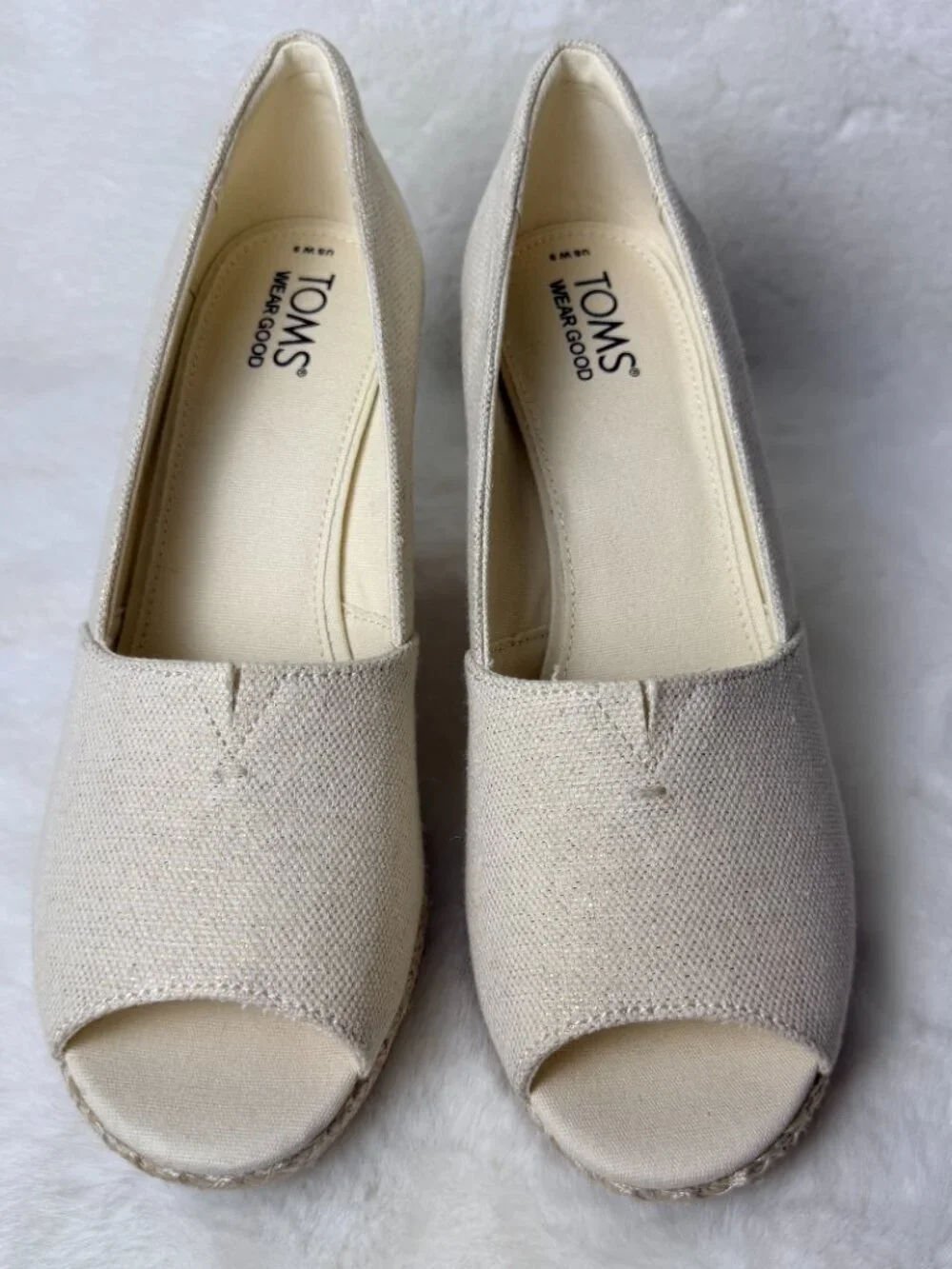 TOMS Cream Canvas Metallic Glint  Wedge Alpargata Espadrilles